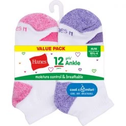 Hanes Girl's Moisture Control & Breathable Ankle Socks, 12 Pack